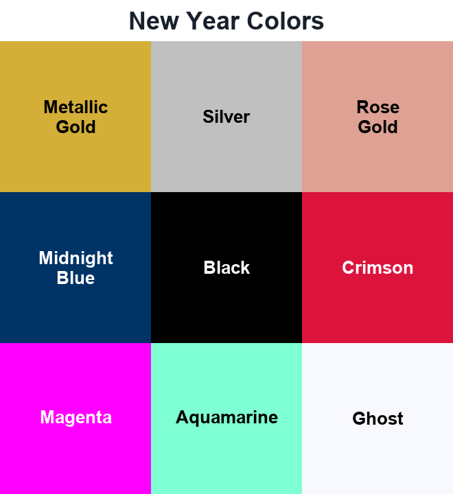 New Year Colors swatches: Metallic Gold, Silver, Rose Gold, Midnight Blue, Black, Crimson, Magenta, Aquamarine, Ghost.