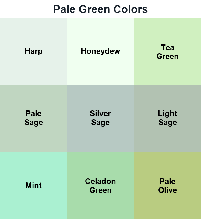 Pale Green Colors swatches: Harp, Honeydew, Tea Green, Pale Sage, Silver Sage, Light Sage, Mint, Celadon Green, Pale Olive.