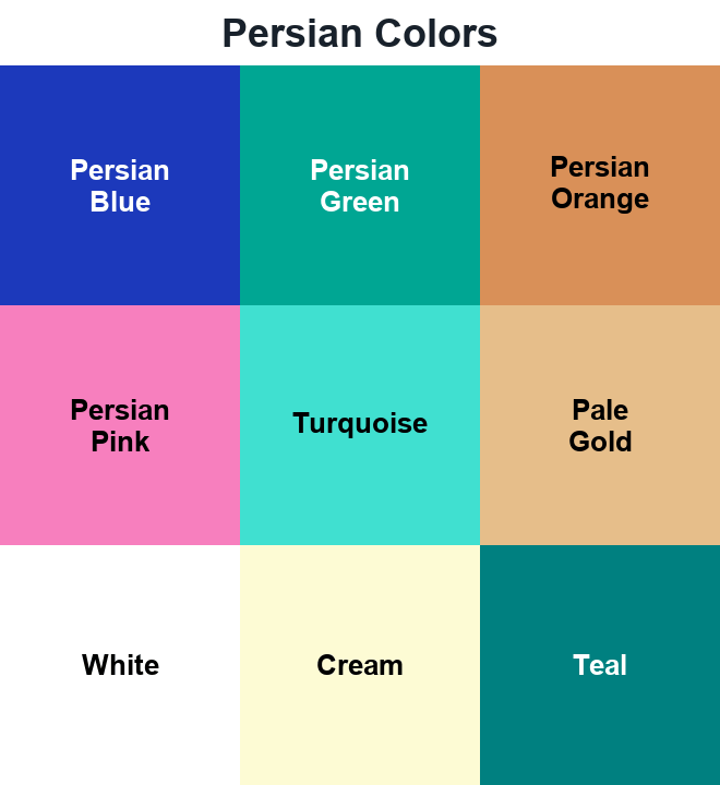 Persian Colors swatches: Persian Blue, Persian Green, Persian Orange, Persian Pink, Turquoise, Pale Gold, White, Cream, Teal.