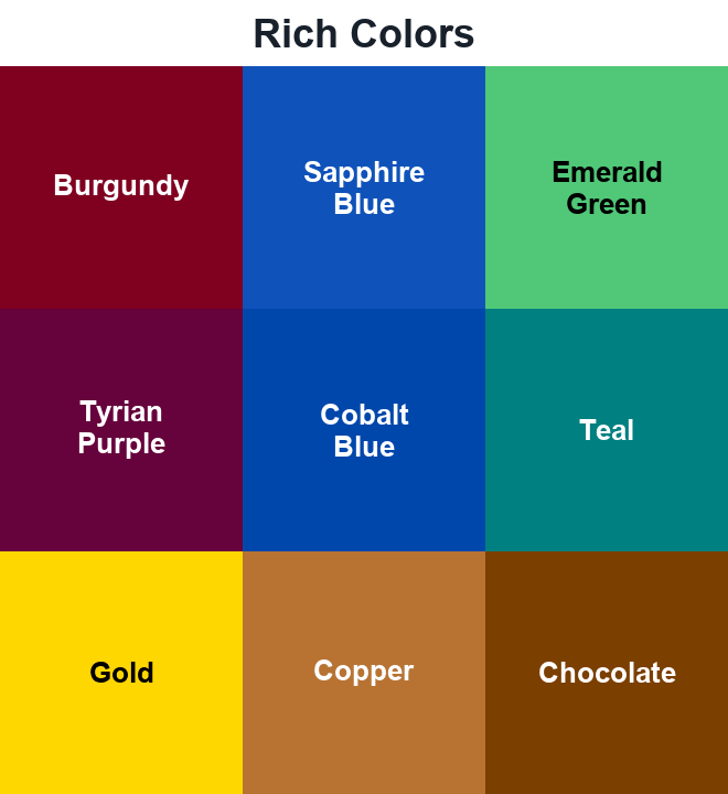 Rich Colors swatches: Burgundy, Sapphire Blue, Emerald Green, Tyrian Purple, Cobalt Blue, Teal, Gold, Copper, Chocolate.