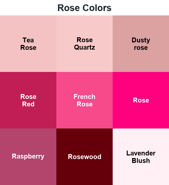 Rose Colors swatches: Tea Rose, Rose Quartz, Dusty rose, Rose Red, French Rose, Rose, Raspberry, Rosewood, Lavender Blush.