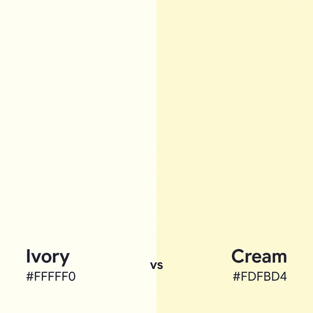 Ivory #FFFFF0 beside Cream #FDFBD4, showing the stronger yellow tint in cream.
