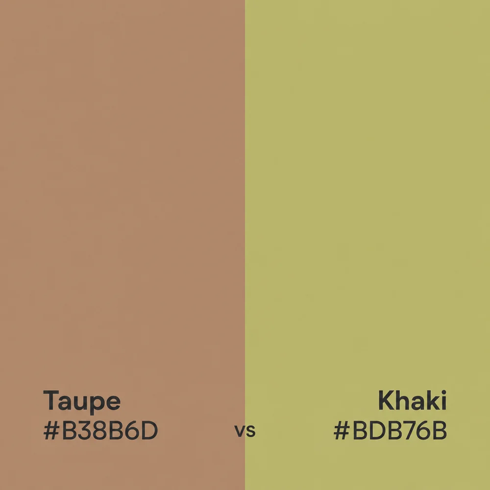 Taupe #B38B6D beside the olive-toned Khaki #BDB76B.