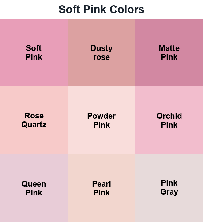 Soft pink swatches: Soft Pink, Dusty rose, Matte Pink, Rose Quartz, Powder Pink, Orchid Pink, Queen Pink, Pearl Pink and Pink Gray.