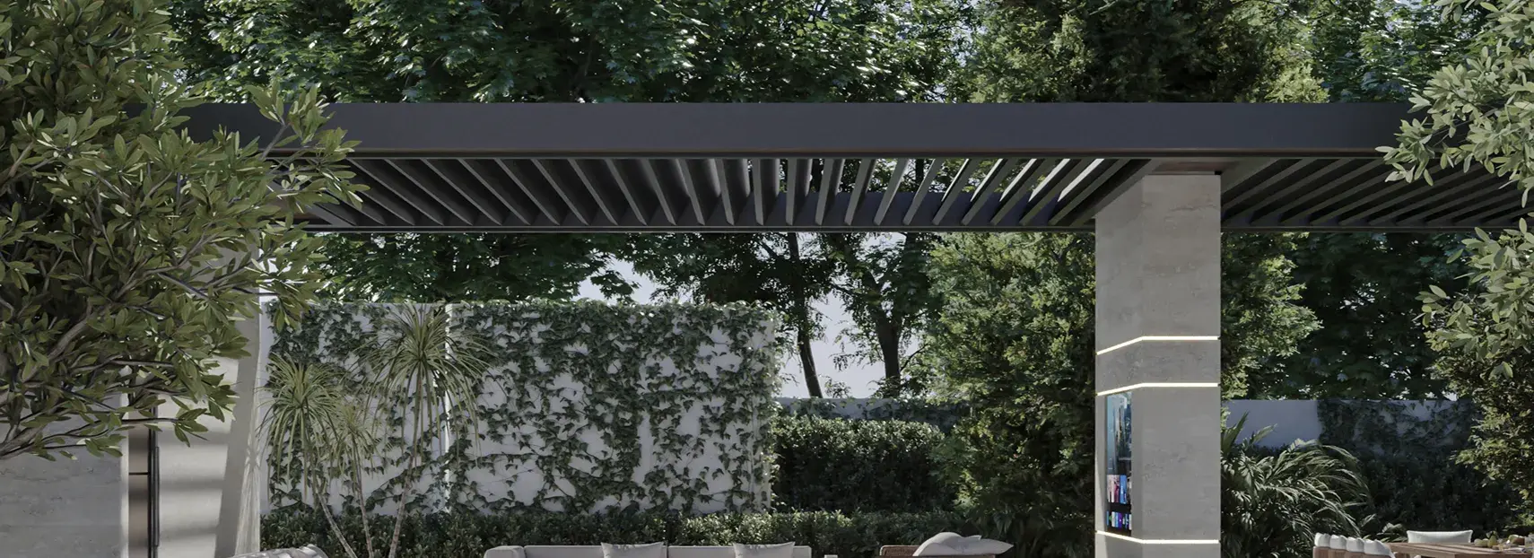 Corten steel pergolas with motorized louvers