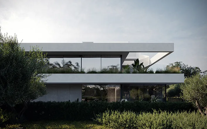 Modern villa architecture design with floor to ceiling glass windows.
