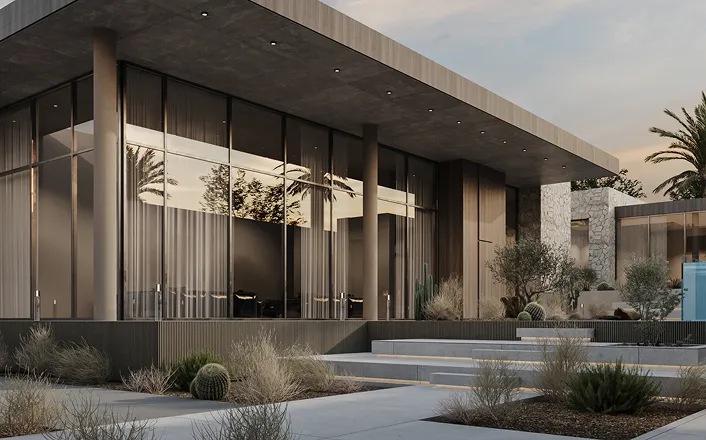 Modern architectural villa featuring expansive glass windows integrated with custom designed landscape