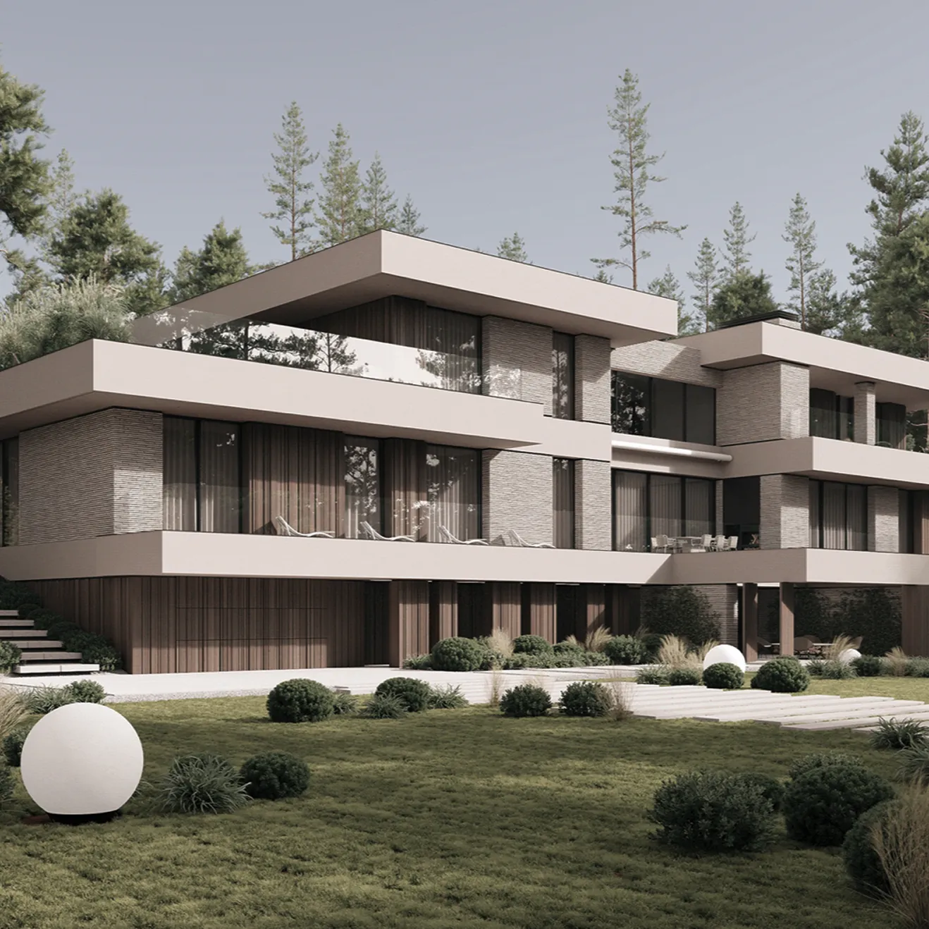 Three storey villa with expansive glass windows and lush green grass