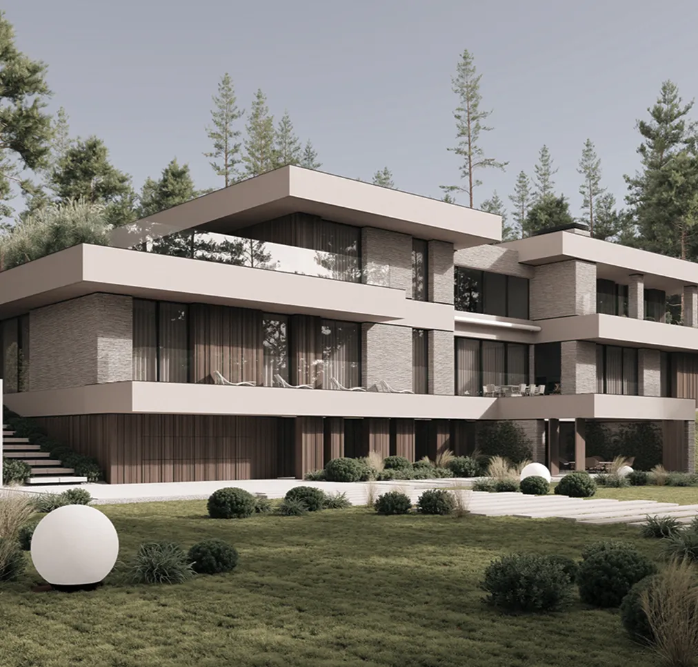 Landscape design with a rectangular stone pathway, surrounded by plants and trees.