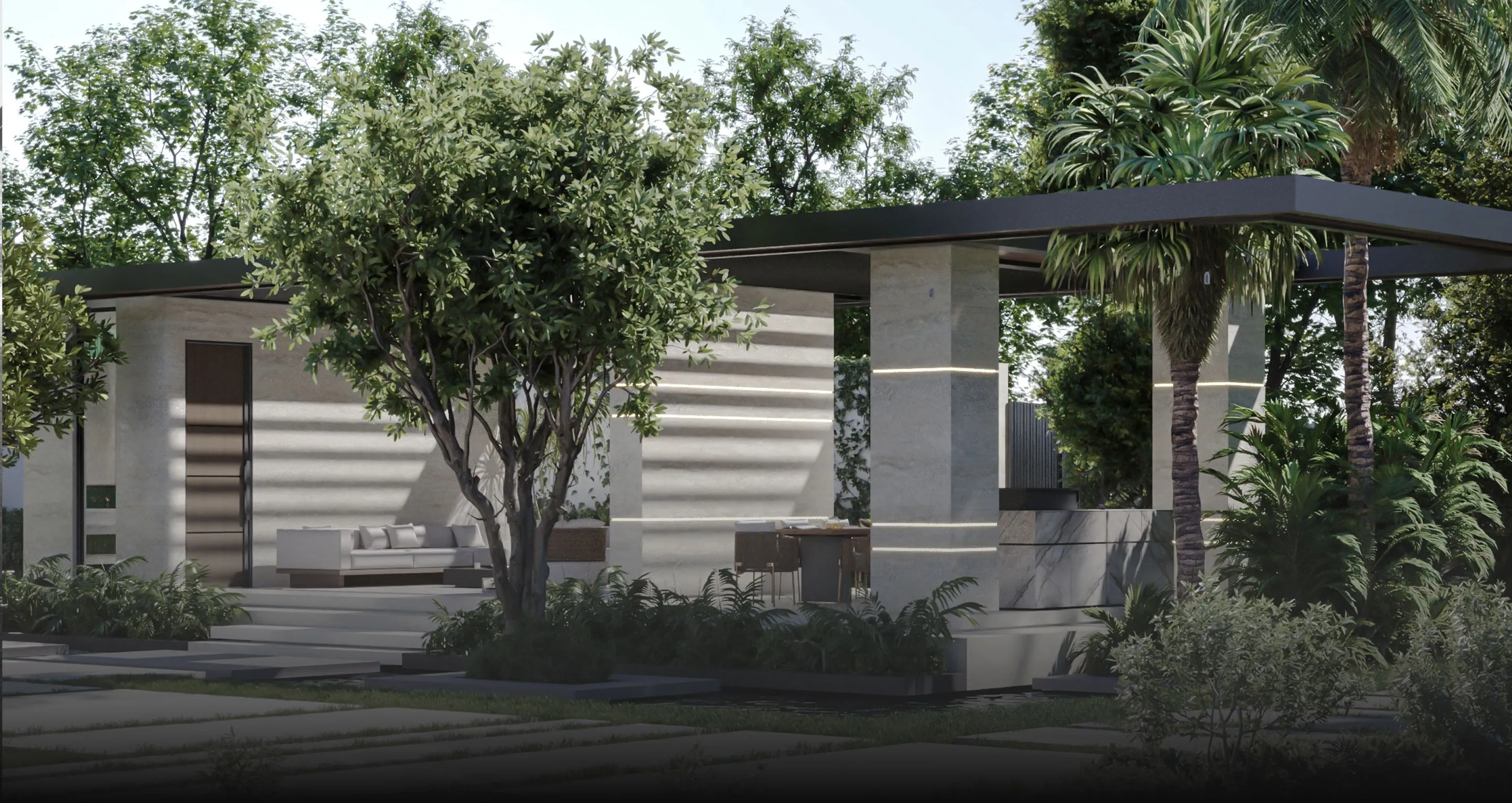 Landscape design with a stone finish flooring, outdoor seating, and an external fireplace.