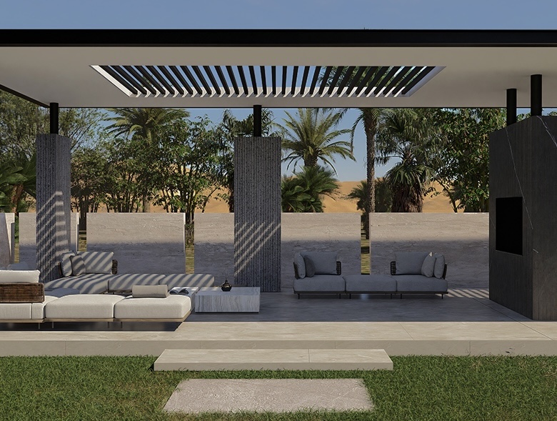Contemporary landscape design with outdoor lounge, fire pit, water features, artificial stone seating, and circular stone platform.