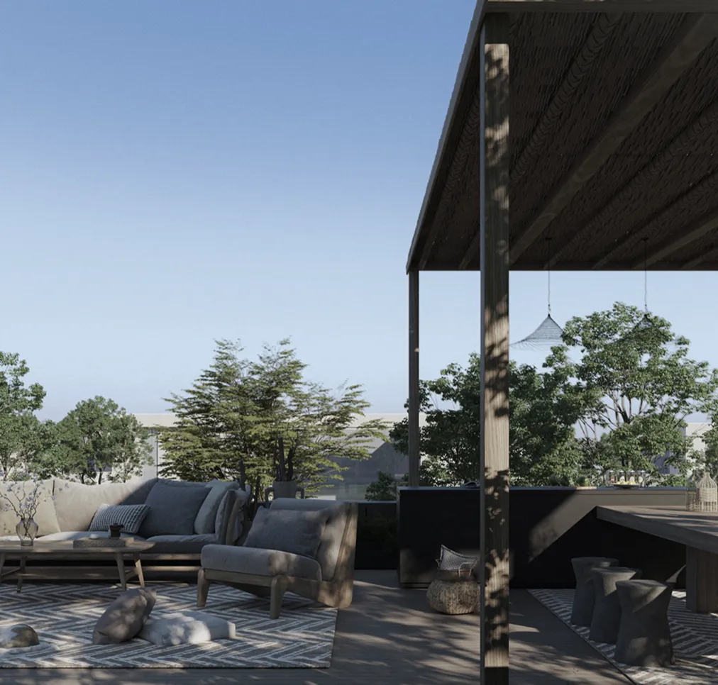 Landscape design with a stone finish flooring, outdoor seating, and an external fireplace.