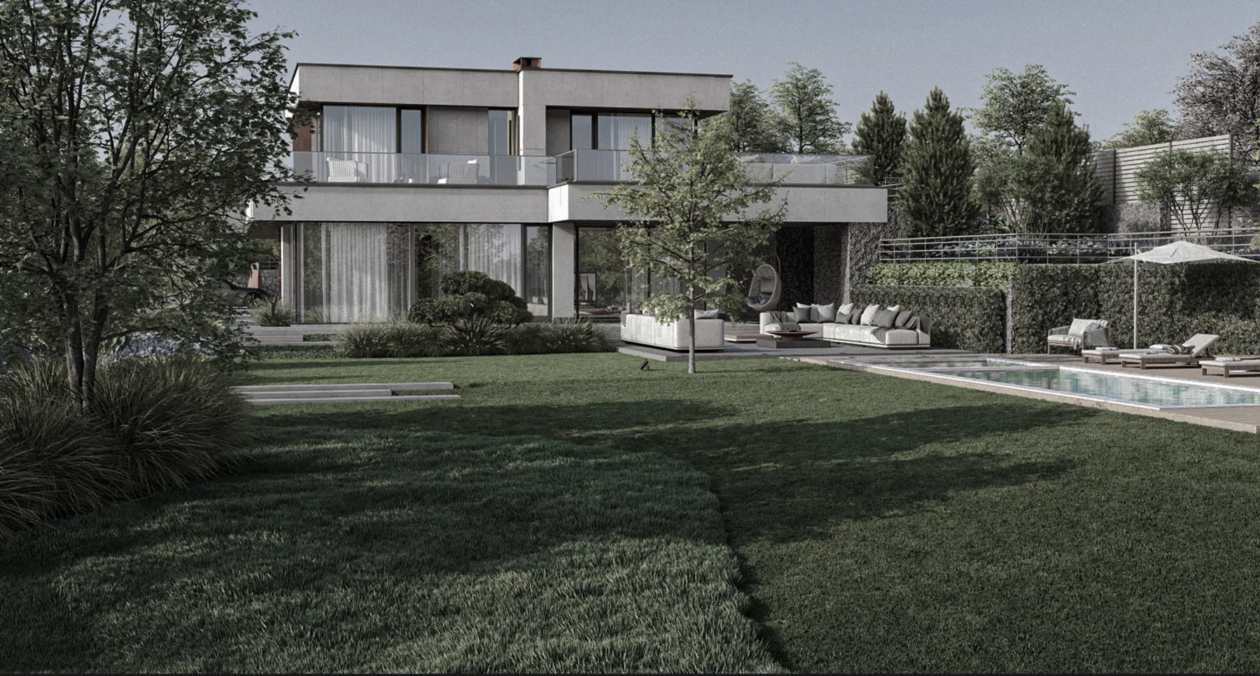 Contemporary landscape design with Bermuda landscape, wall plants, outdoor seating, and a pool area.