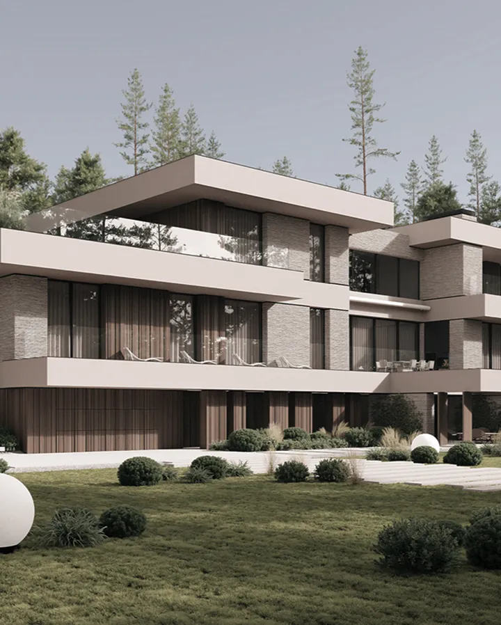 Landscape design with a rectangular stone pathway, surrounded by plants and trees.