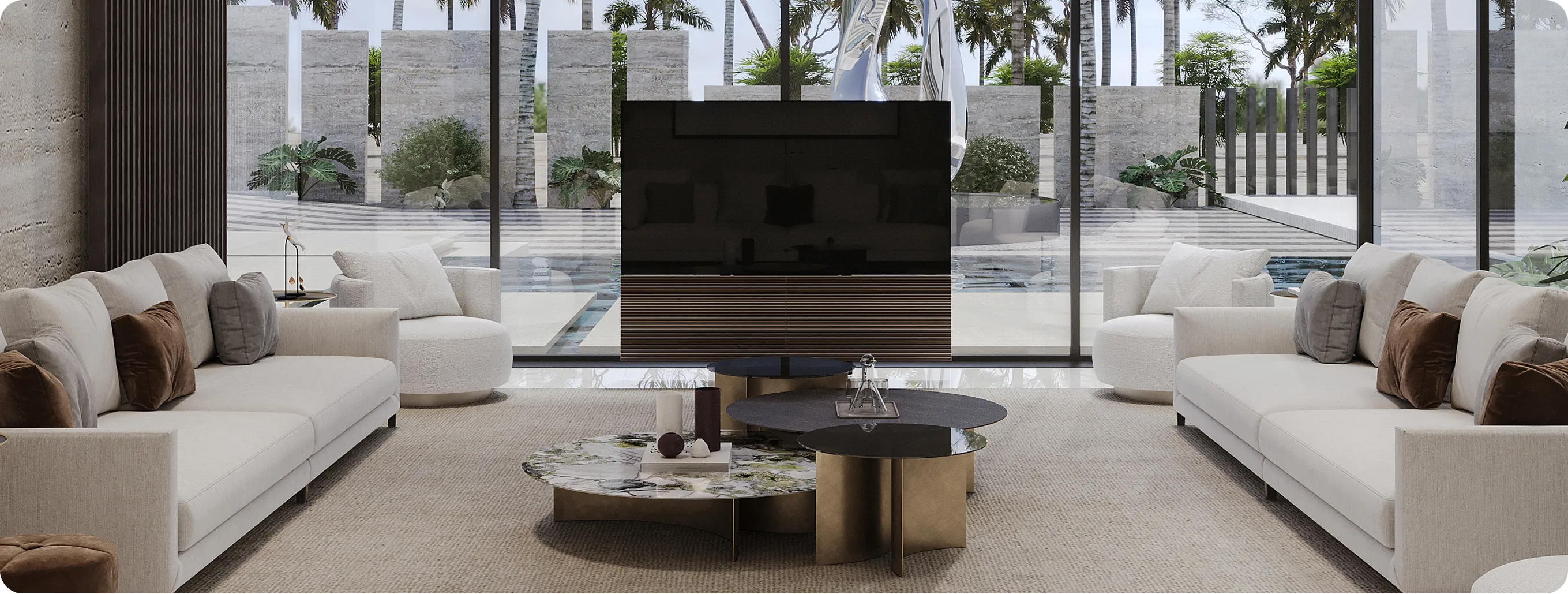 Modern interior design of a luxury bespoke villa with lush water features and fountain