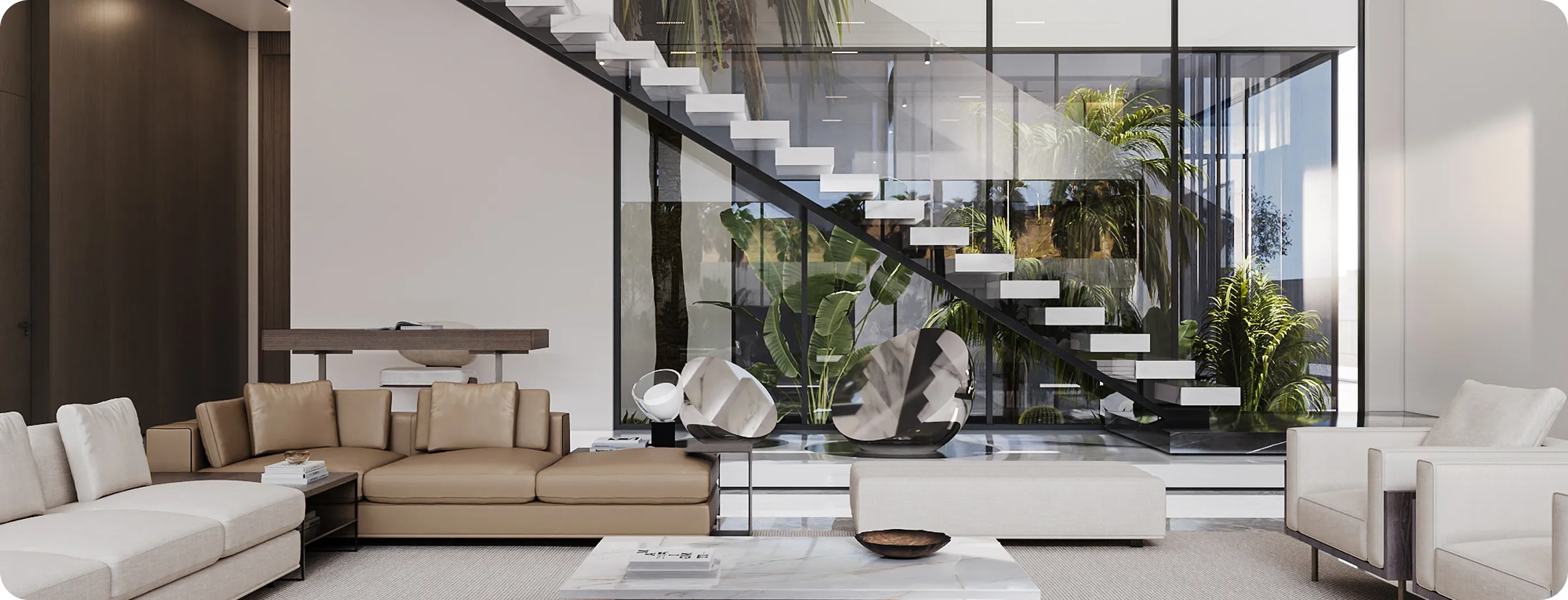 Modern interior design of a luxury bespoke villa with lush water features and fountain