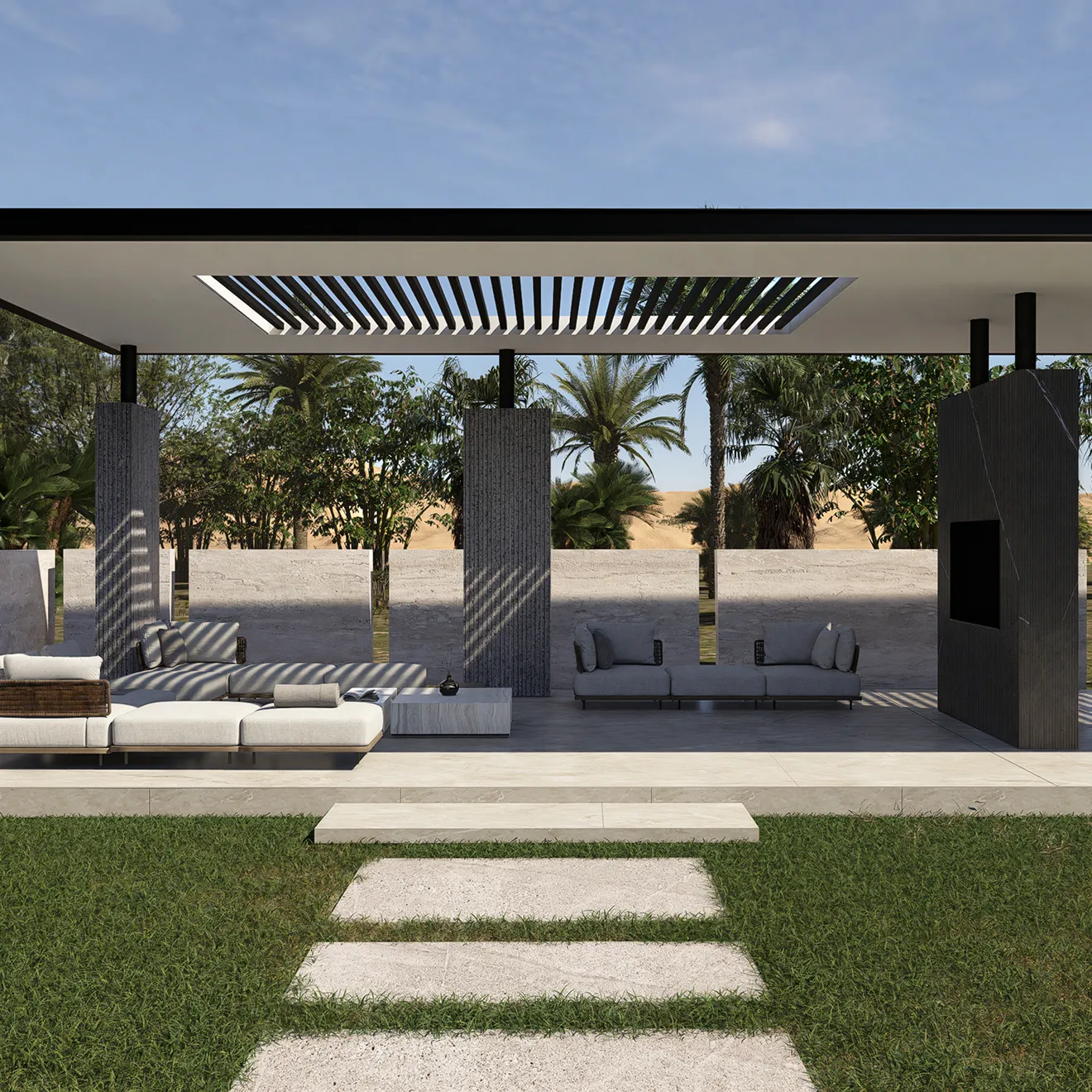 Custom designed landscaping with a gravel path in a luxury villa