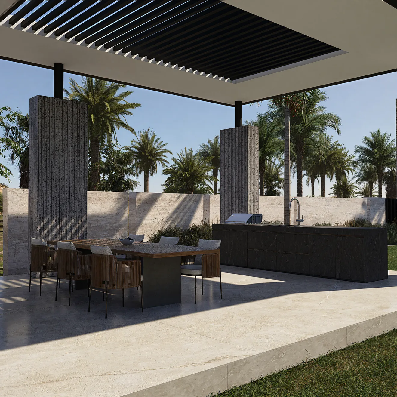 Modular seating under the pergola in a luxury villa