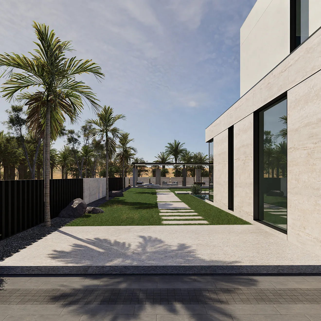 Modular seating under the pergola in a luxury villa