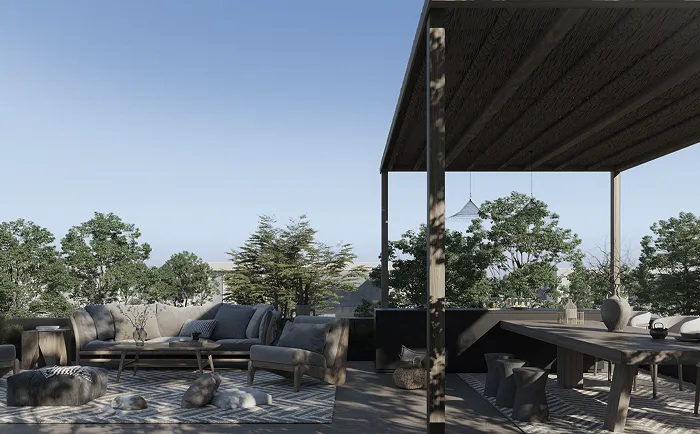 Architectural outdoor setting with custom modular seating