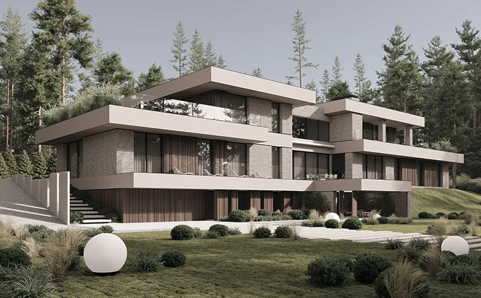 Three storey villa with expansive glass windows and lush green grass