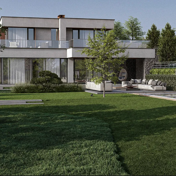 Luxury villa featuring lush green grass and an infinity pool