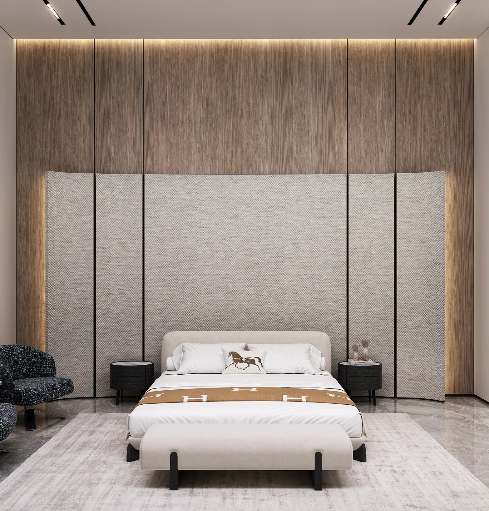 Hermes inspired interior design of a bedroom with a curved traventine feature wall