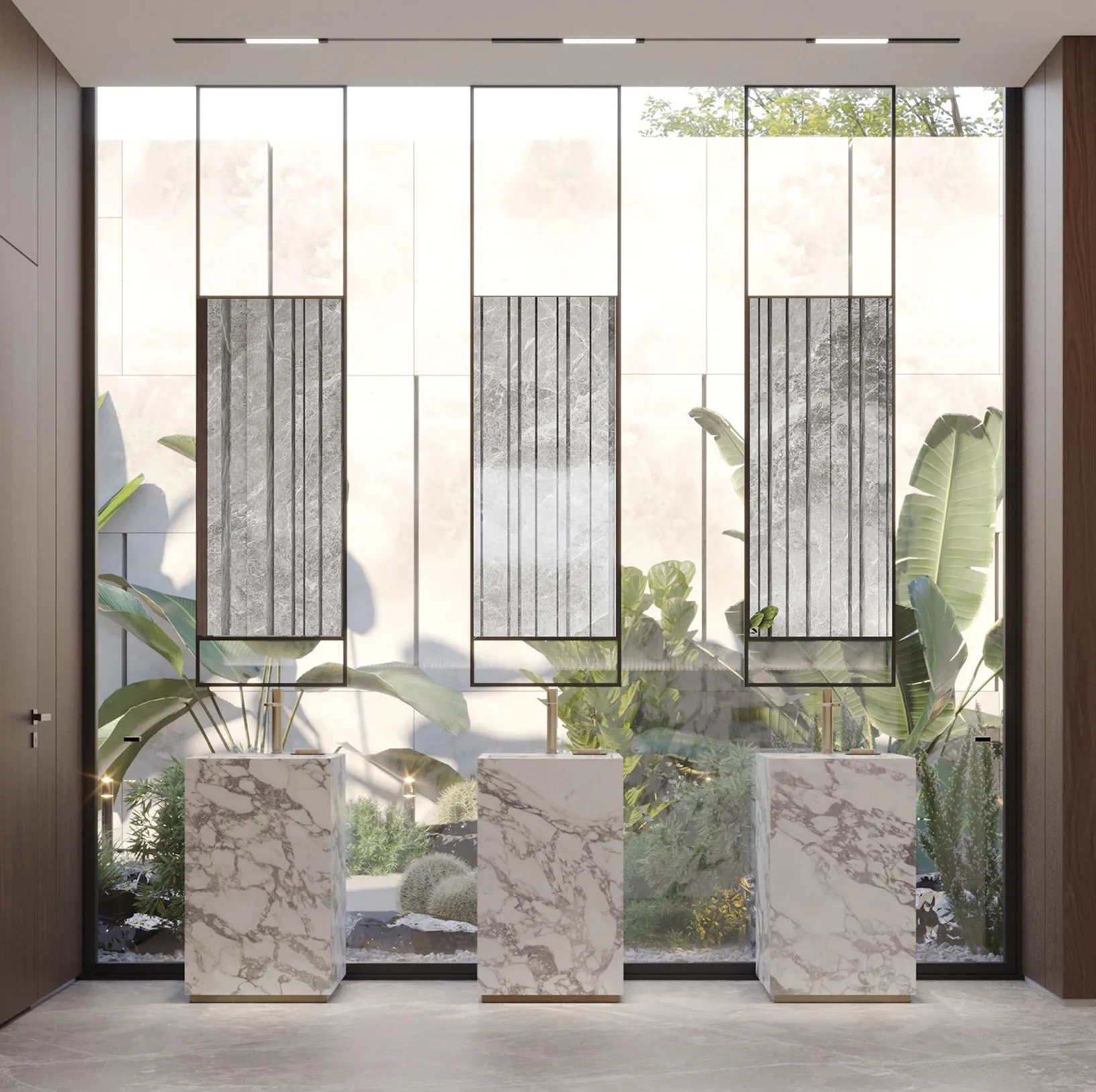 bathroom with suspended mirrors and marble sink