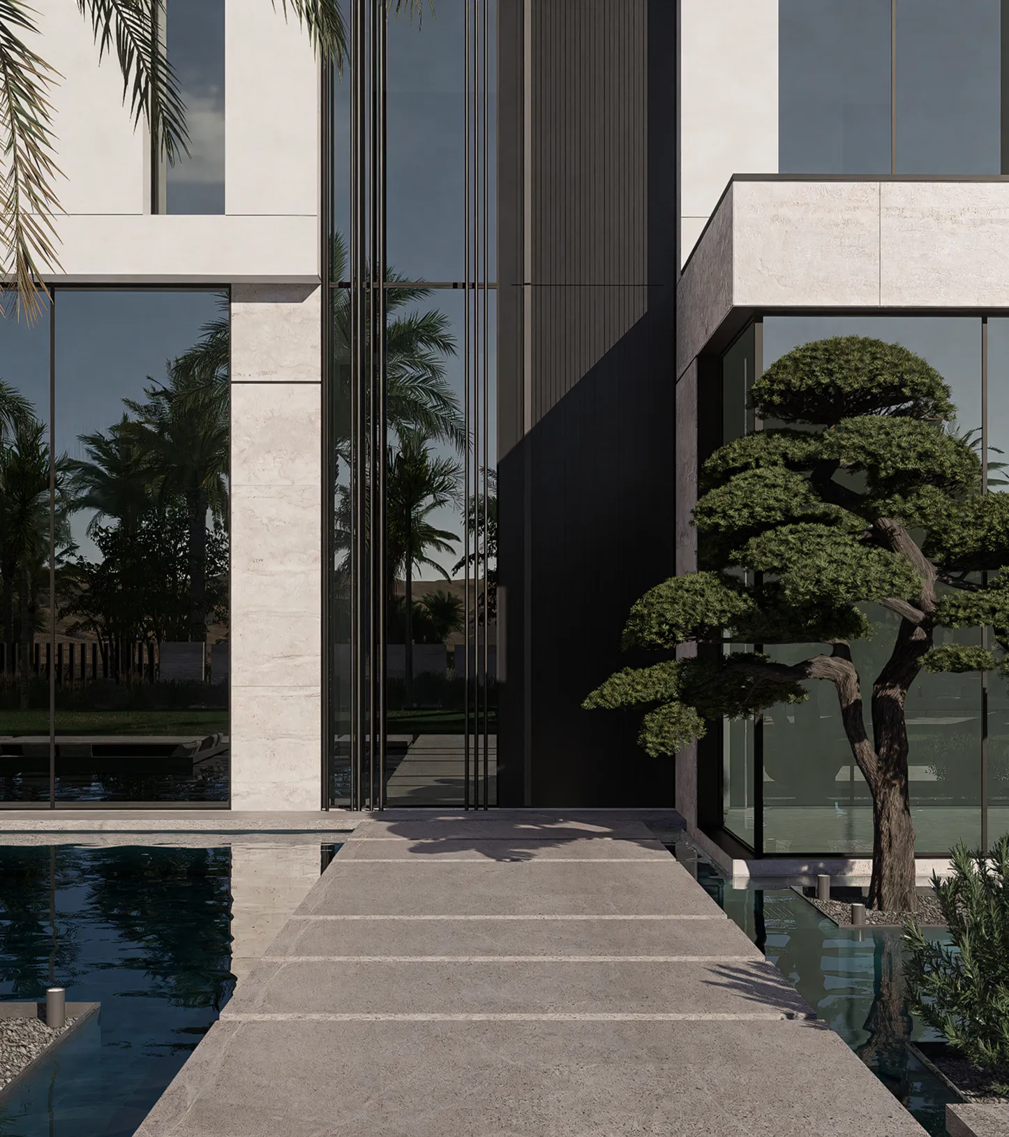Modern villa entrance with minimalist architecture large glass panels, natural stone cladding, and a narrow water feature flanking a concrete pathway and a bonsai tree
