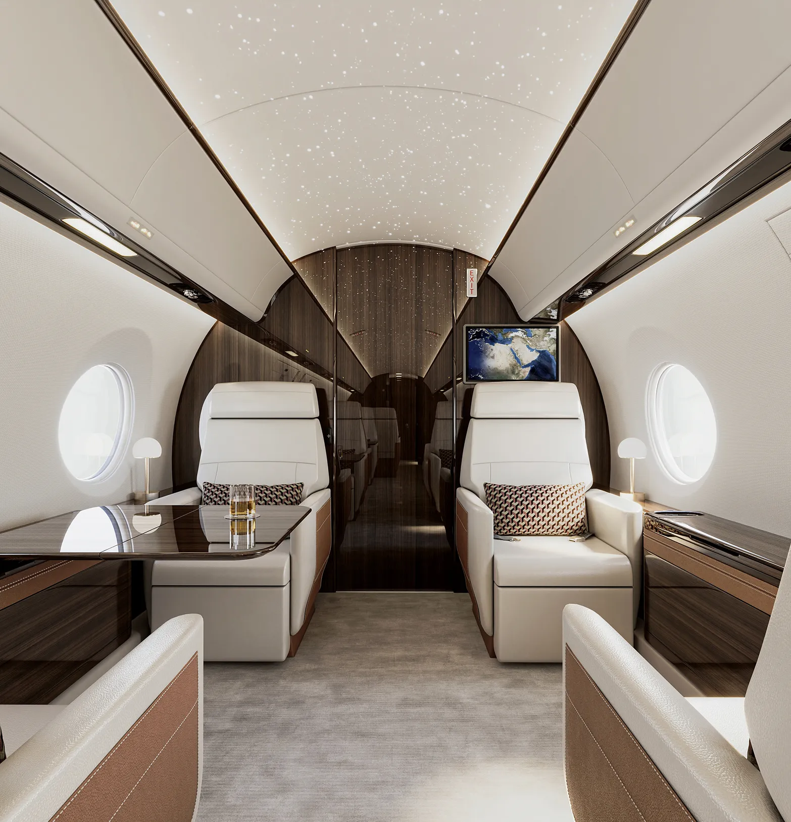 cabin of a private jet interior design with custom upholstery, wood works and starlight ceiling