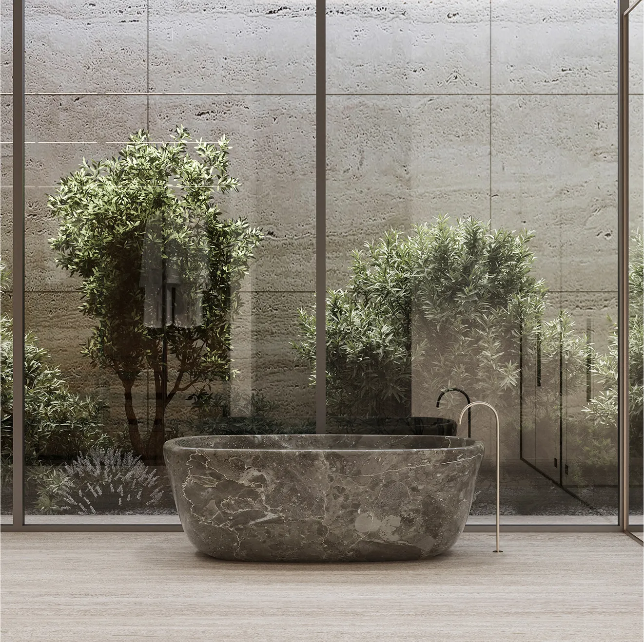 Lush green bathroom with a stone bathtub