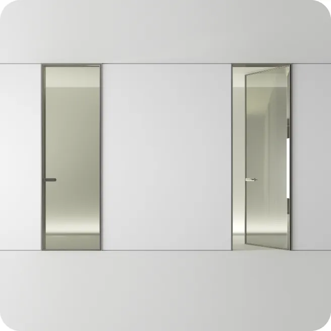 Clear glass door system with slim aluminum frames, ideal for contemporary residential applications.