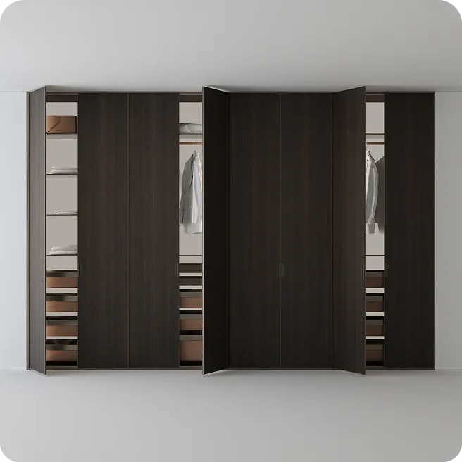 Custom wardrobe system featuring open storage, and limitless wood finishes.