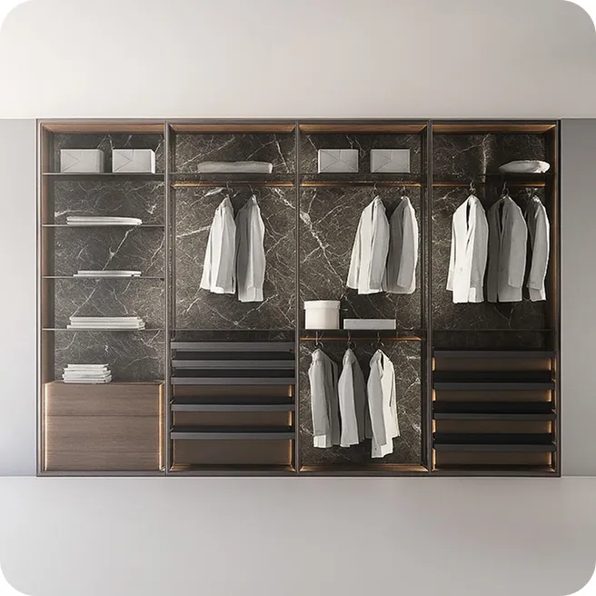 Custom wardrobe system featuring open storage, and limitless wood finishes.