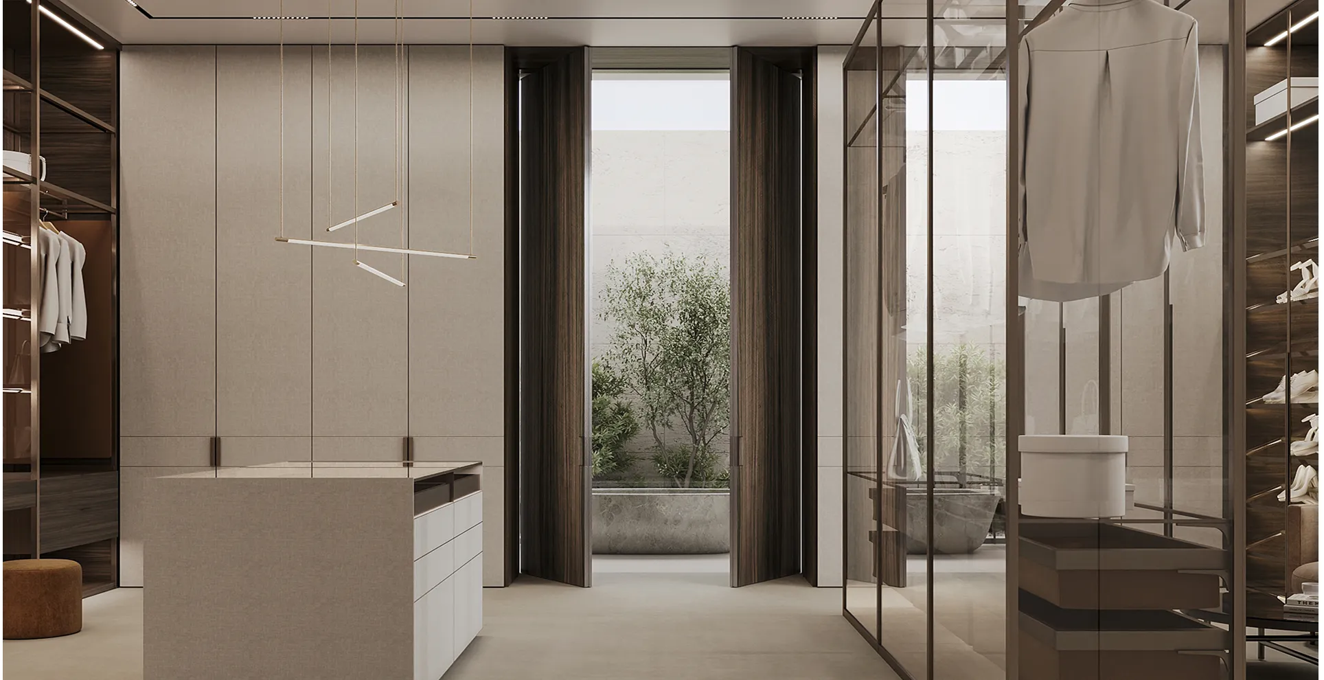 Custom walk-in closet joinery featuring high-end wood detailing and functional wardrobe layouts.