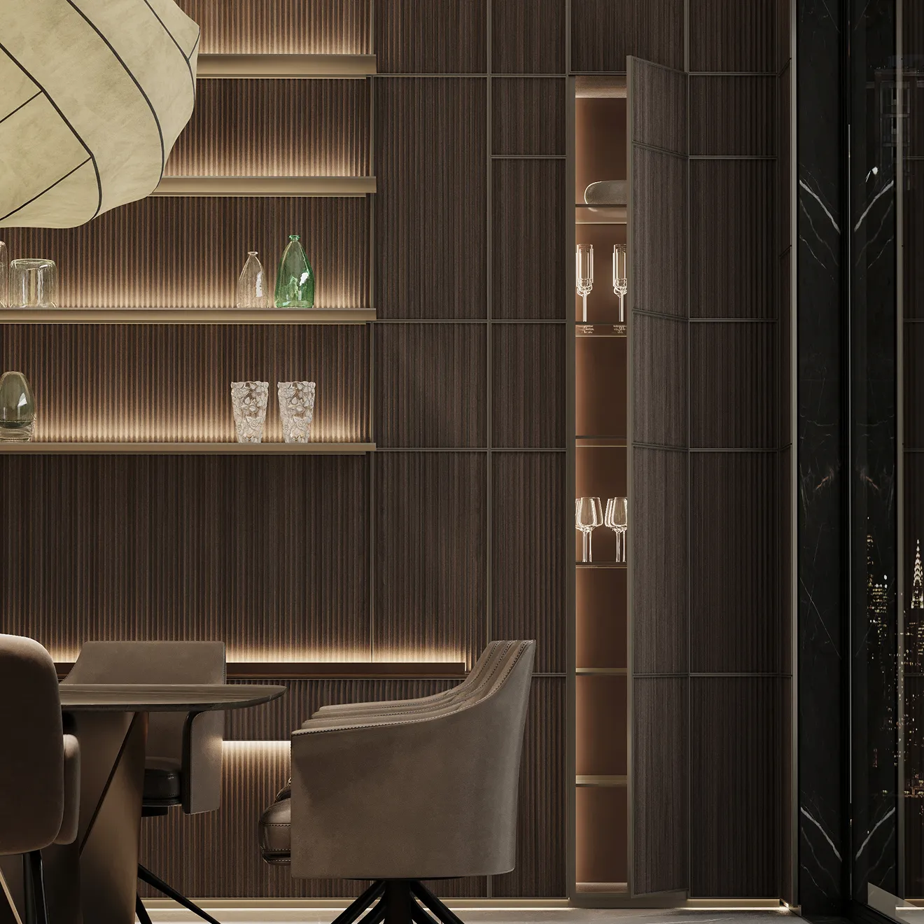 Concealed living system with integrated storage, sliding panels, and multifunctional elements.