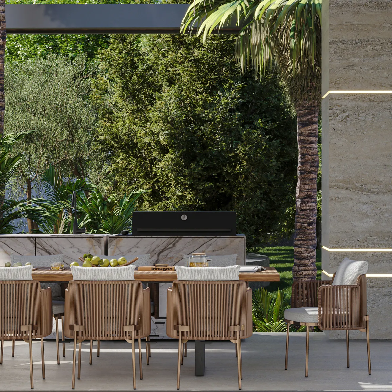 Architectural pergola with custom designed dining and seating furniture