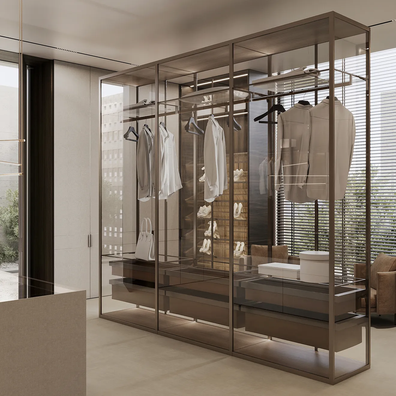 Luxury walk in closet with aluminum framing and layout configurations.
