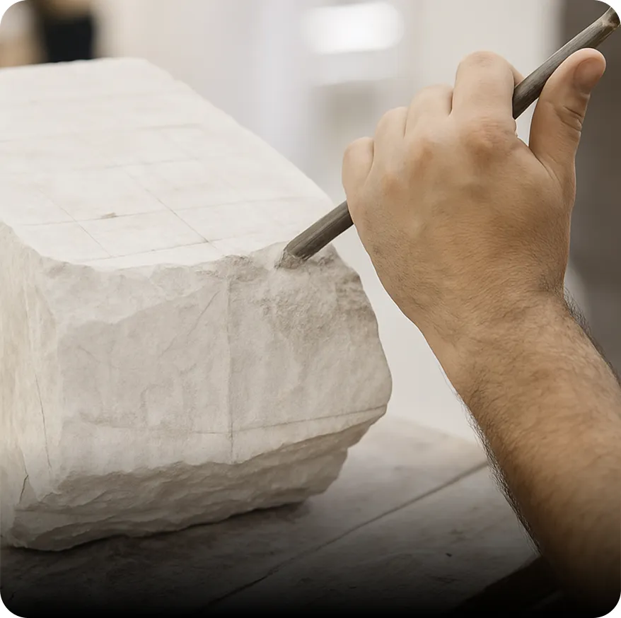 Stone sculpture displaying artisanal precision and handcrafted material expression.