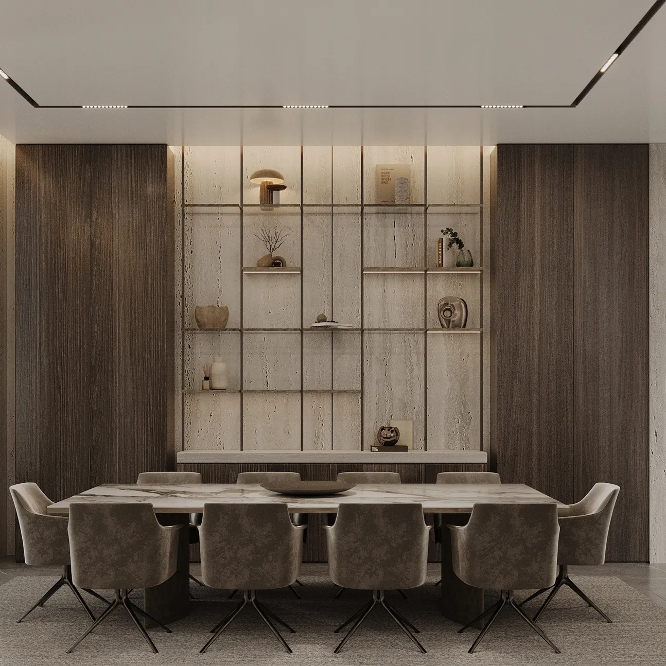 Bespoke dining room with integrated joinery shelving, natural stone panels, and upholstered seating.