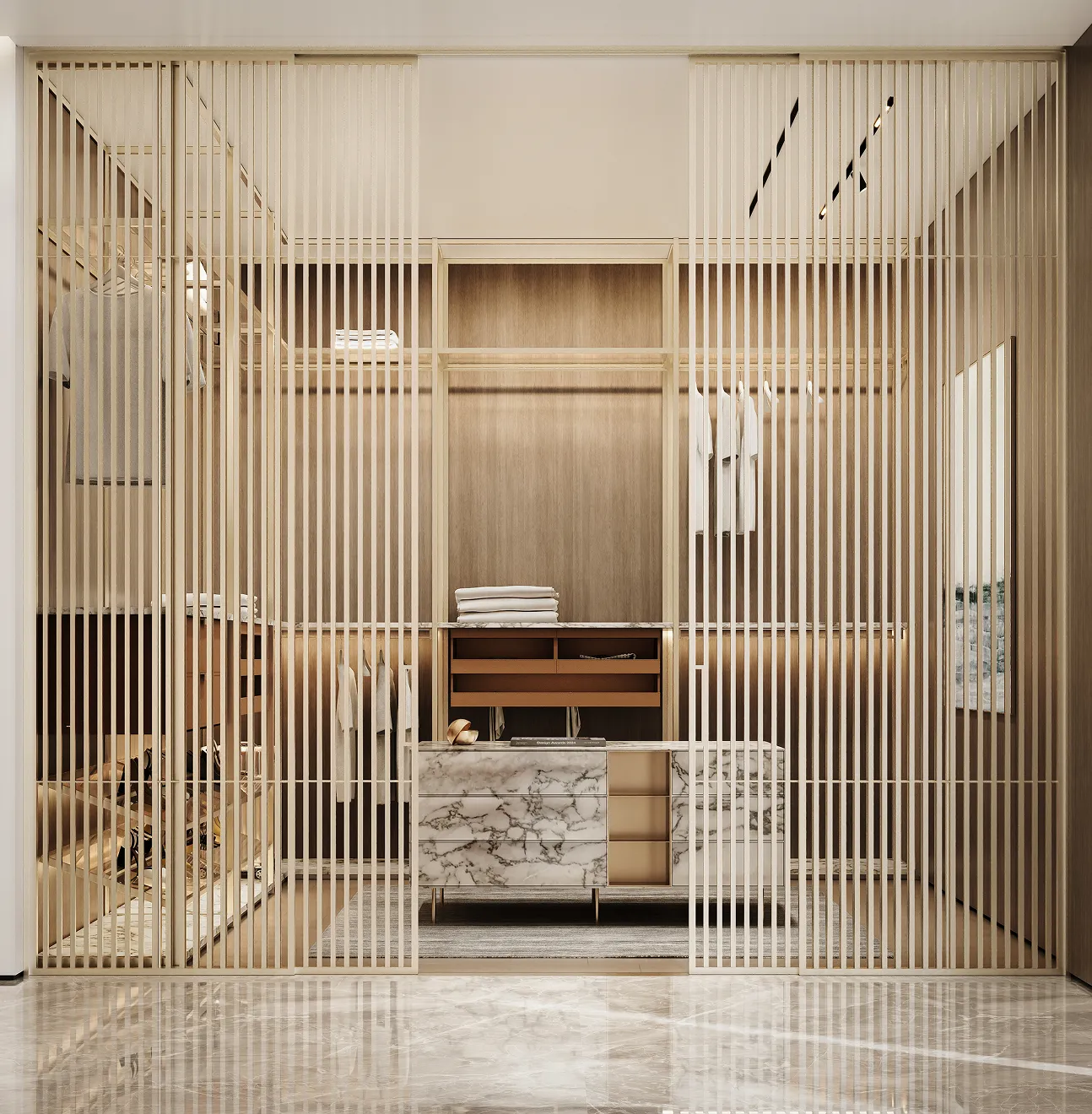 Luxury walk-in wardrobe with vertical slatted dividers, wood interiors, and marble island joinery.