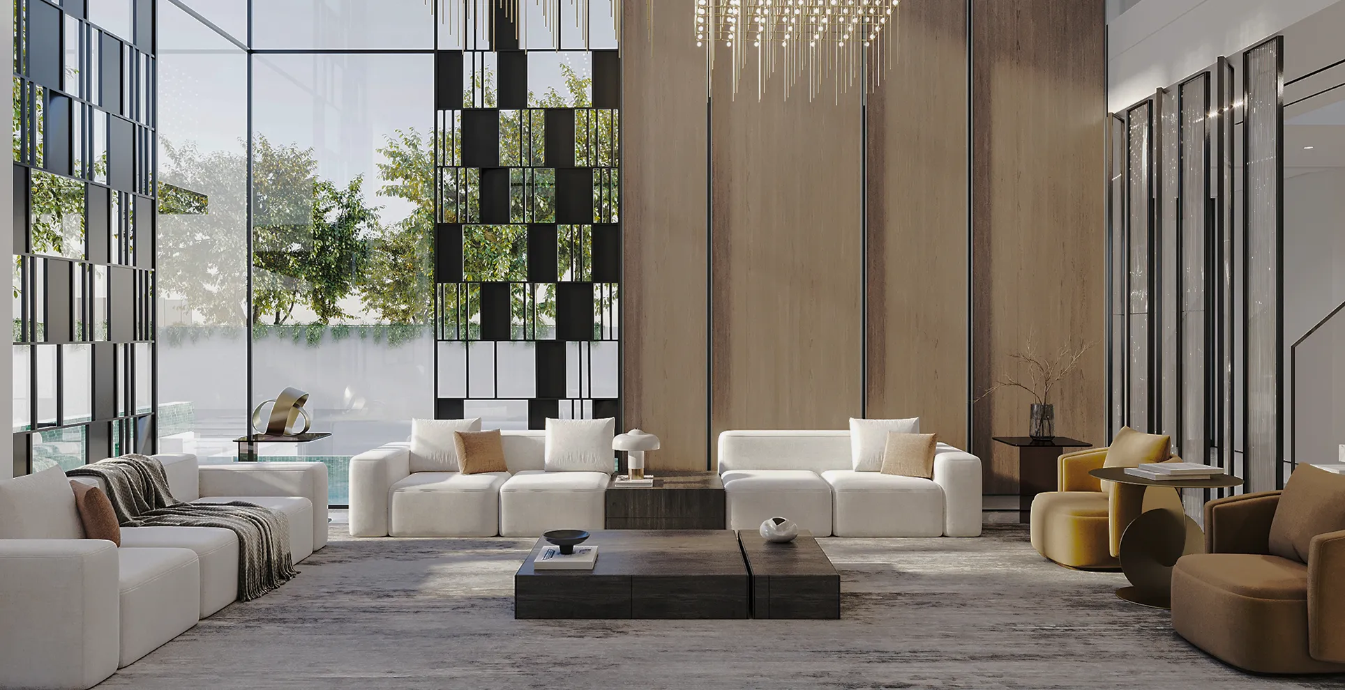 Bespoke living system with integrated sofa, fixed glass partitions, armchair, and joinery works elements.