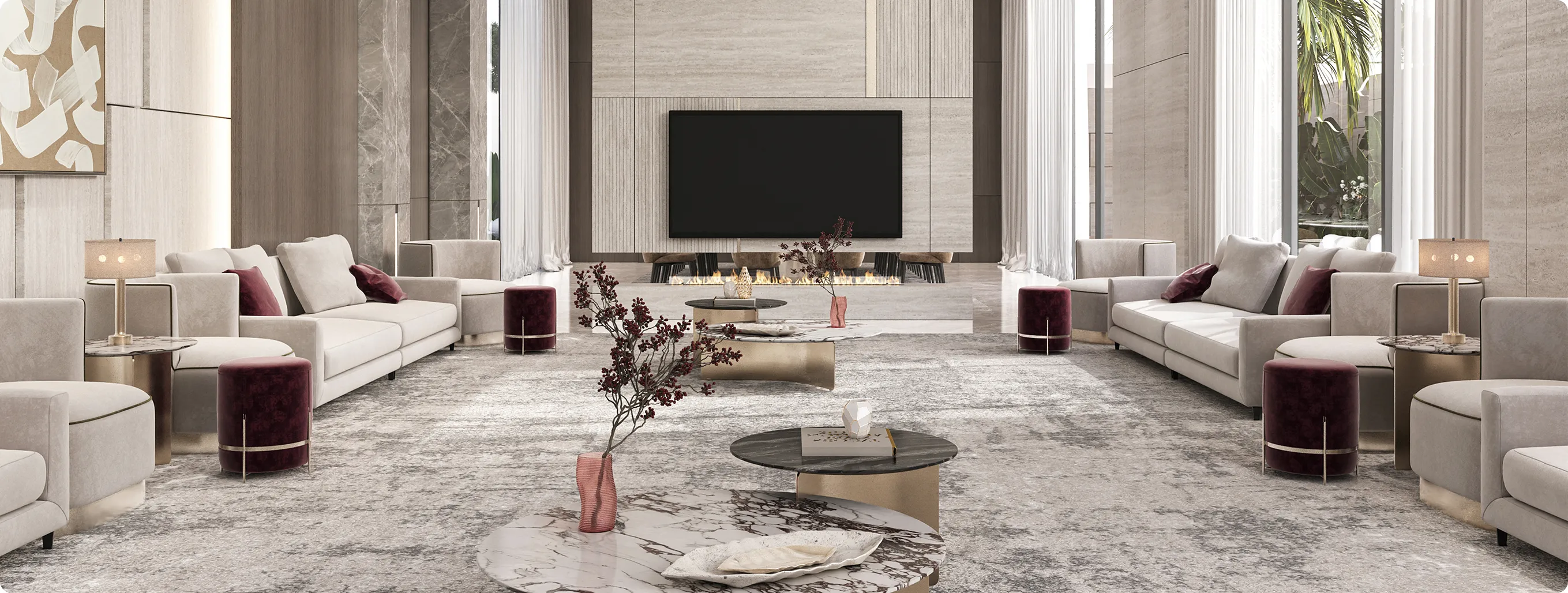 Hermes inspired interior design of a bedroom with a curved traventine feature wall