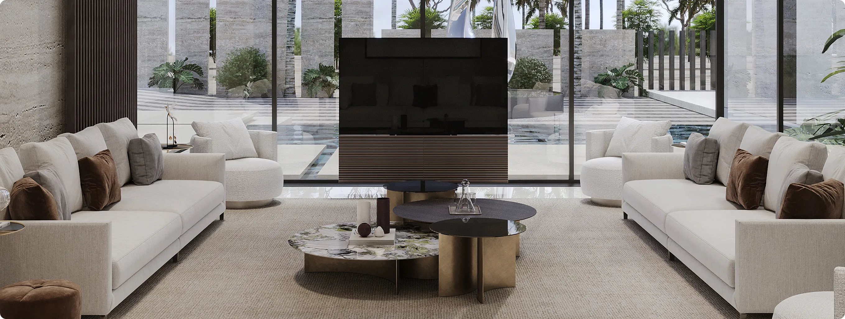 Modern villa entrance with minimalist architecture large glass panels, natural stone cladding, and a narrow water feature flanking a concrete pathway and a bonsai tree