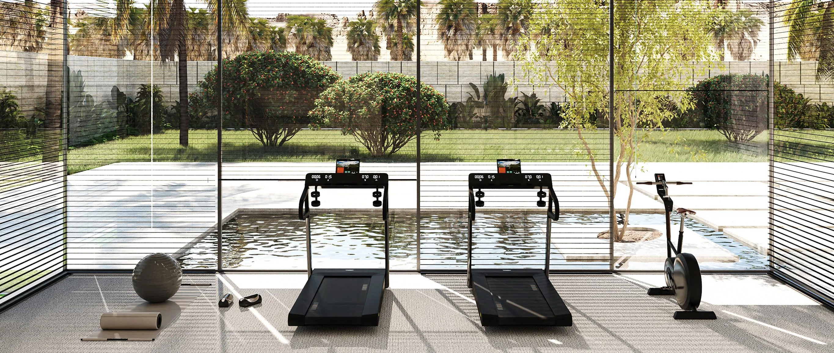 Luxury amenity gym overlooking a mountain range and lush water features in Riyadh for a home