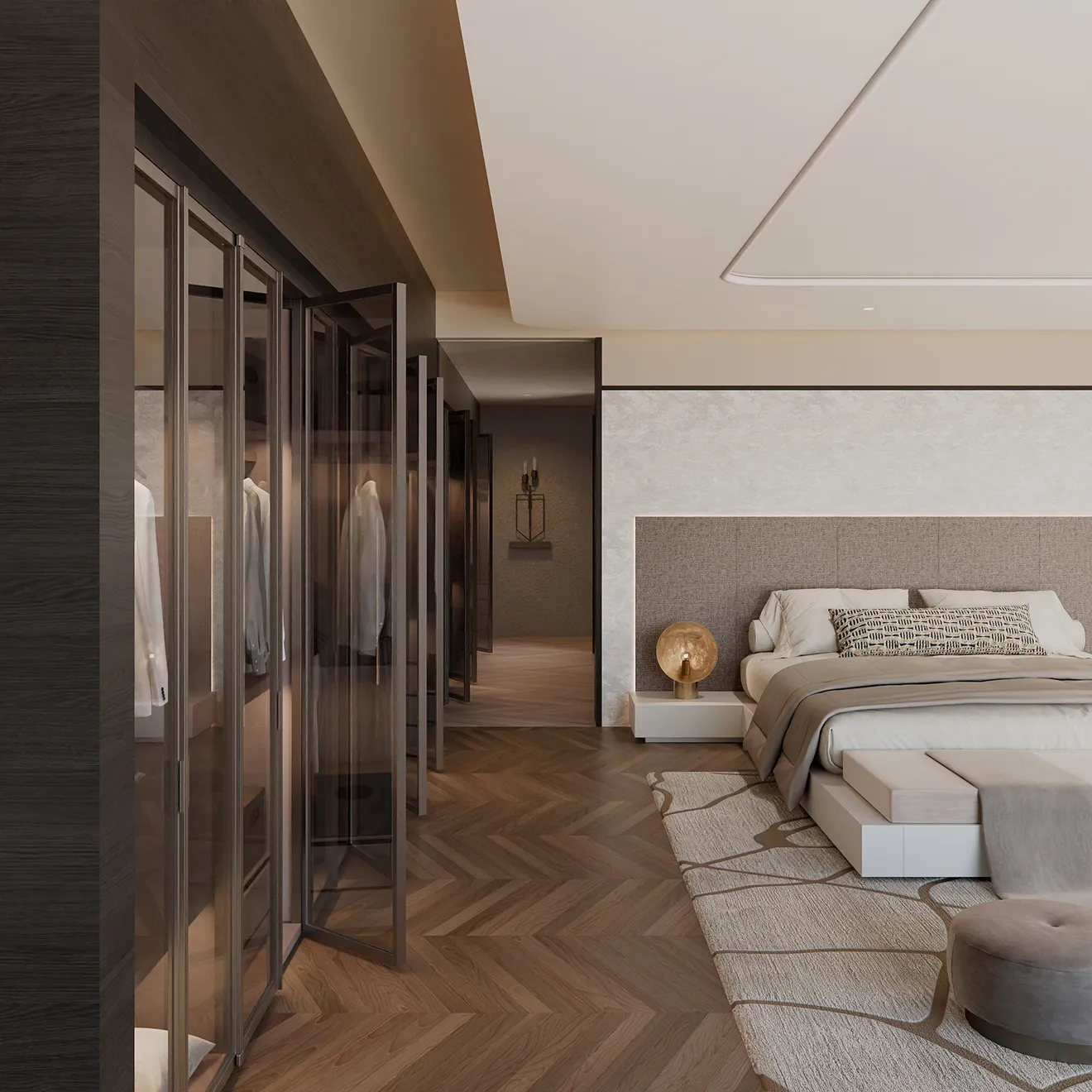 Interior design for a bespoke luxury villa bedroom with custom made wardrobes
