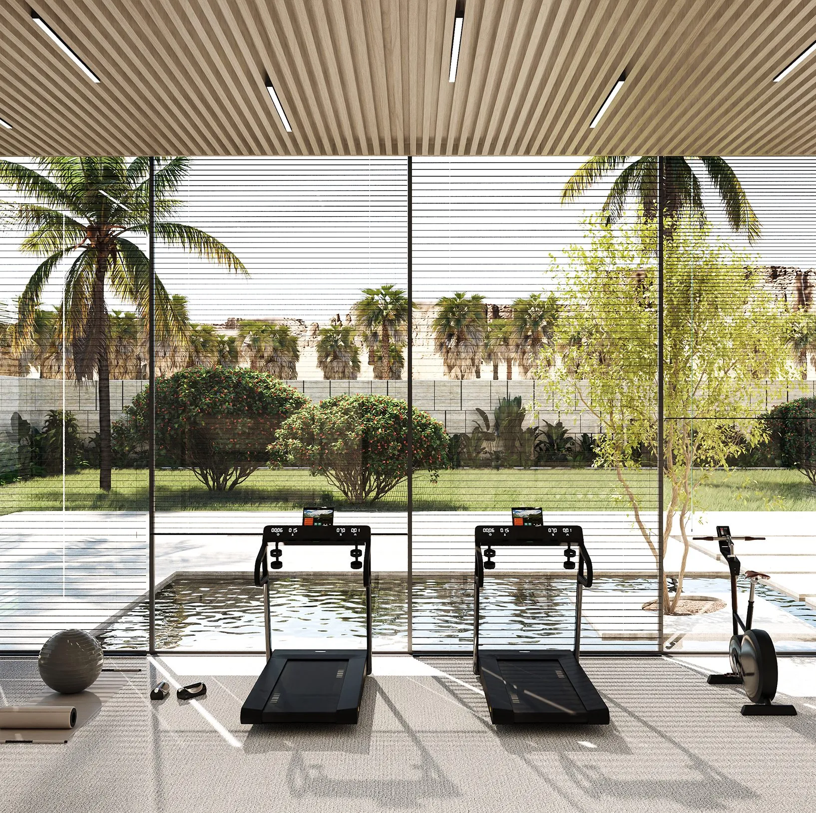 expansive floor to ceiling glass gym with maximum natural light