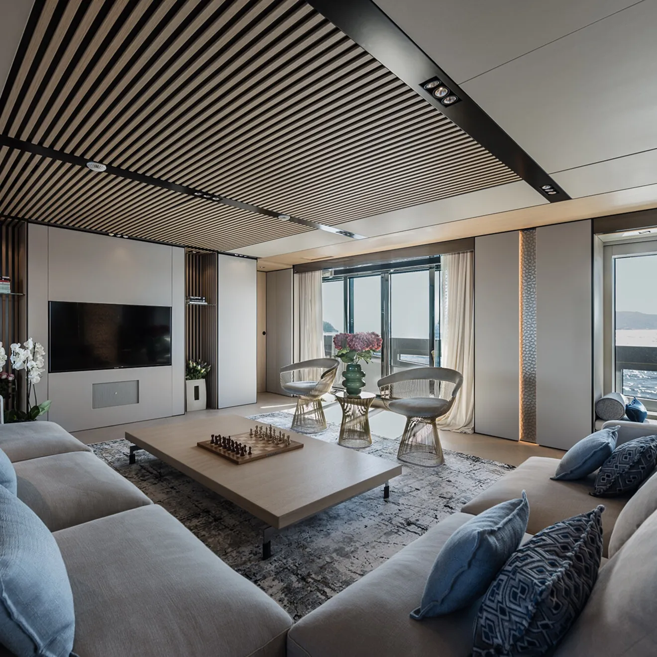 interior design and fit out of a living room of a luxury high end yacht