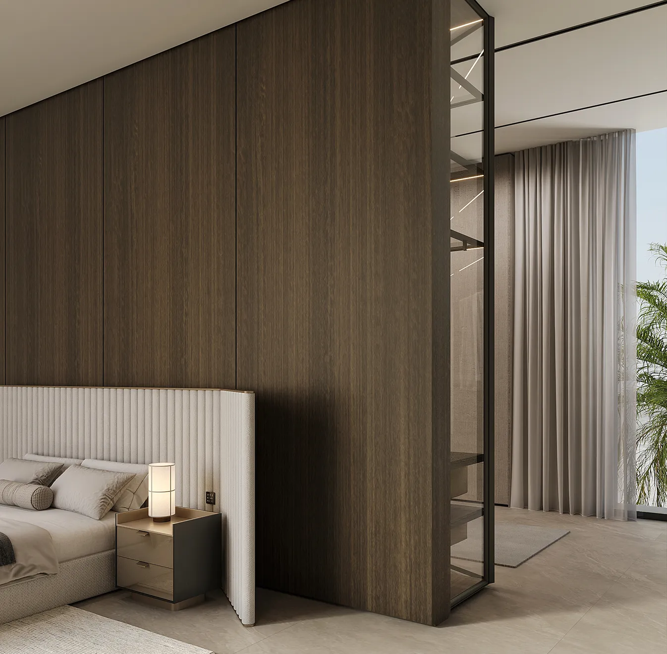 custom interior design of a luxury residential bedroom with a custom walk in closet