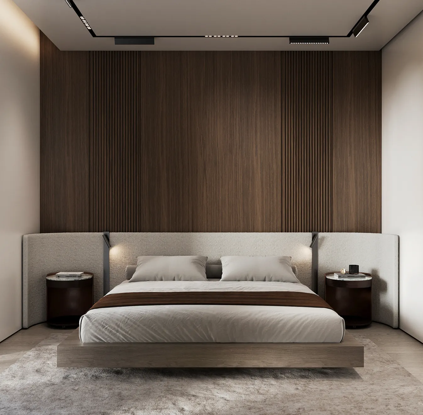 3d render of a warm wooden bedroom interior with curved backboard wall